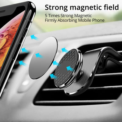 Car air vent magnetic phone holder with smartphone on a car dashboard, highlighting strong magnetic field.