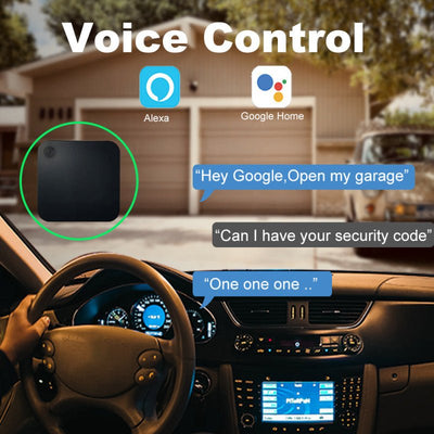 Car interior with voice control interface for garage and security system, featuring Alexa and Google Home logos.